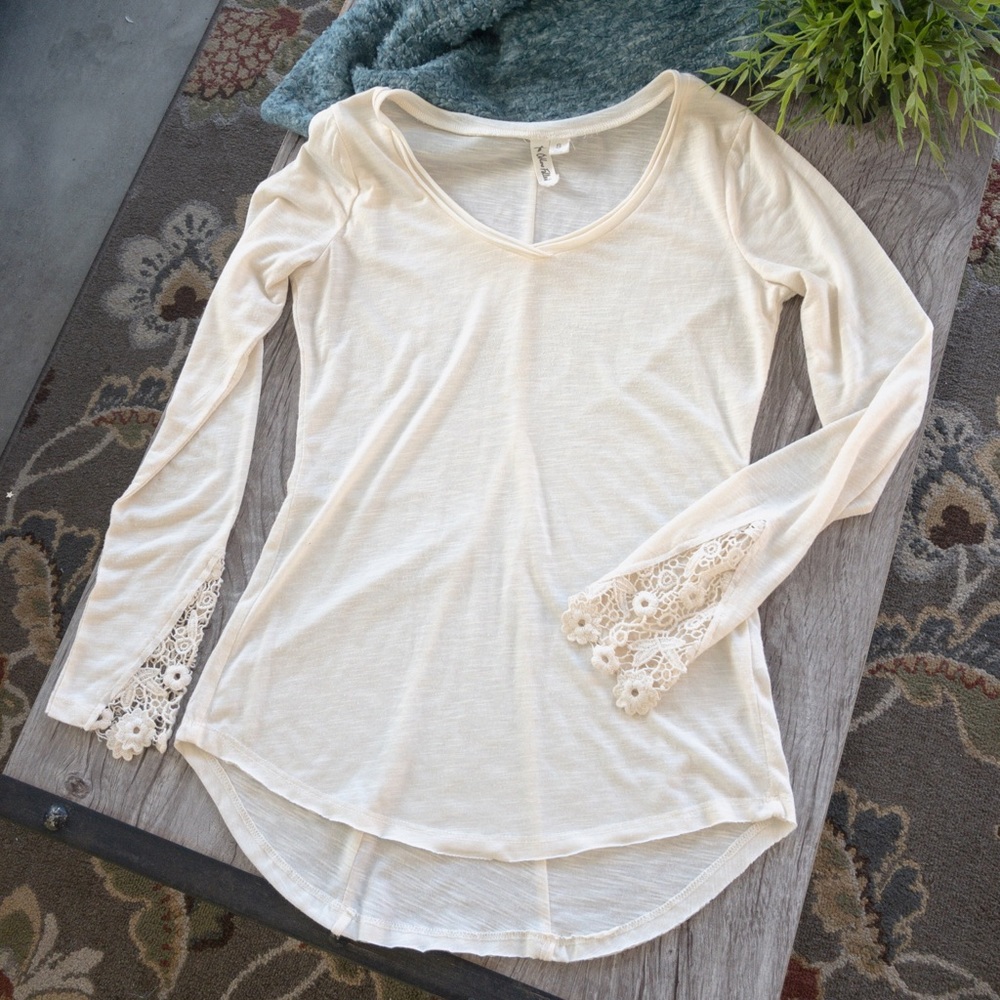 Ivory long sleeve Tee with embroidered lace cuffs